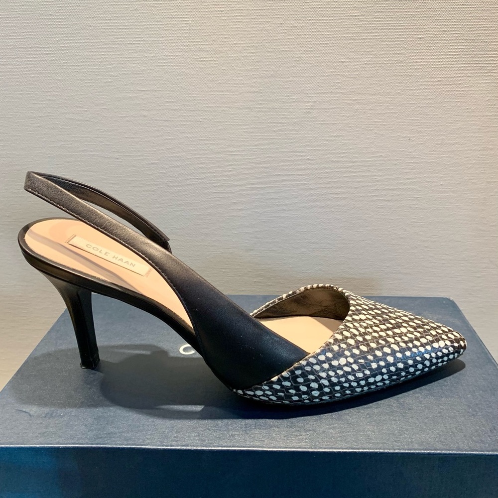 COLE HAAN Highline Sling Leather Pumps,     8 1/2 M, Black/White Snake
